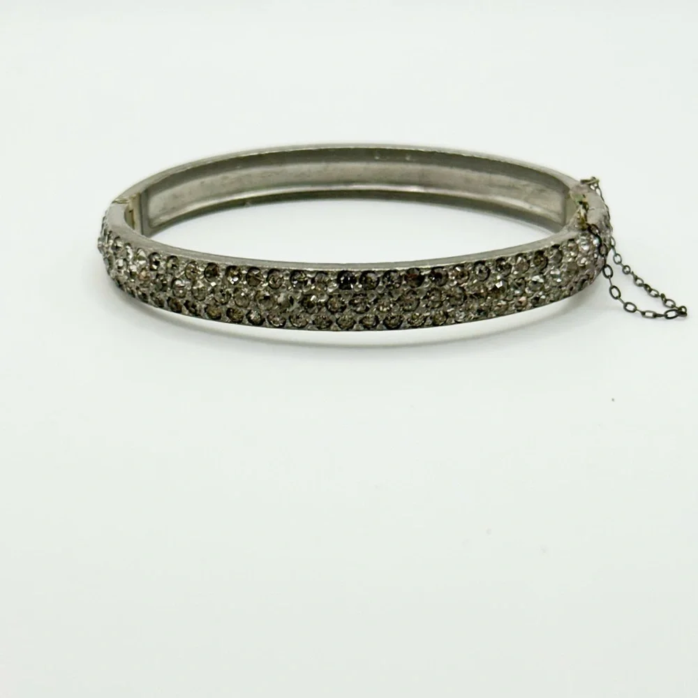 Art Deco Jeweled Vintage Pot Metal, Hinged Bangle Bracelet - Picture 5 of 5
